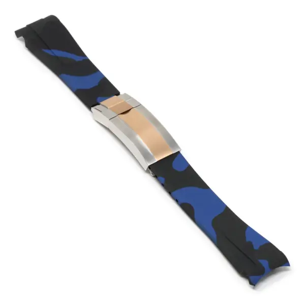 R.rx7.5.ss.rg Angle Blue Camo (Silver & Rose Gold Clasp) StrapsCo Fitted Camo Rubber Watch Band Strap