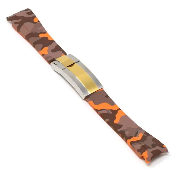 r.rx7 .12.ss .yg Angle Orange Camo Silver Yellow Gold Clasp StrapsCo Fitted Camo Rubber Watch Band Strap