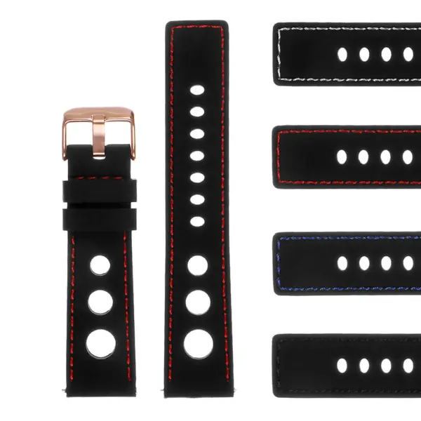 Pu11.1.6.rg Gallery Silicone Rally Strap In Black W Red Stitching W Rose Gold Buckle