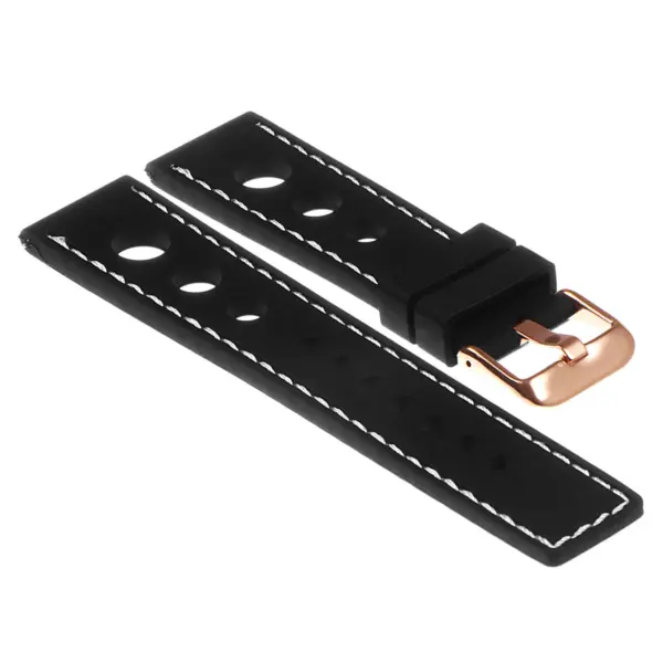 Pu11.1.22.rg Silicone Rally Strap In Black W White Stitching W Rose Gold Buckle