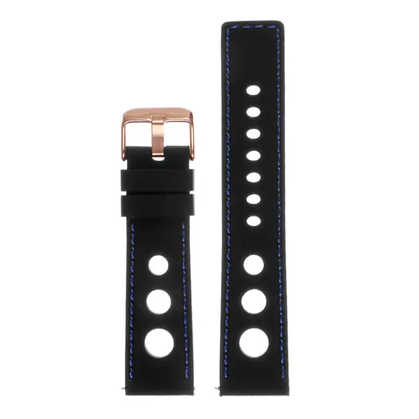 Pu11.1.5.rg Silicone Rally Strap In Black W Blue Stitching W Rose Gold Buckle 3