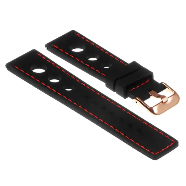 Pu11.1.6.rg Silicone Rally Strap In Black W Red Stitching W Rose Gold Buckle