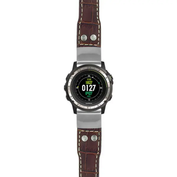 g.d2ch.iw1 Main Dark Brown with White Stitching StrapsCo DASSARI Aviator Crocodile Embossed Leather Strap 22mm