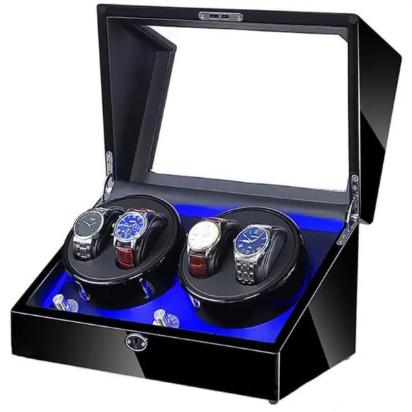 Key Locked Piano Black Watch Winder with Storage and LED Lights for 4 Watches #1