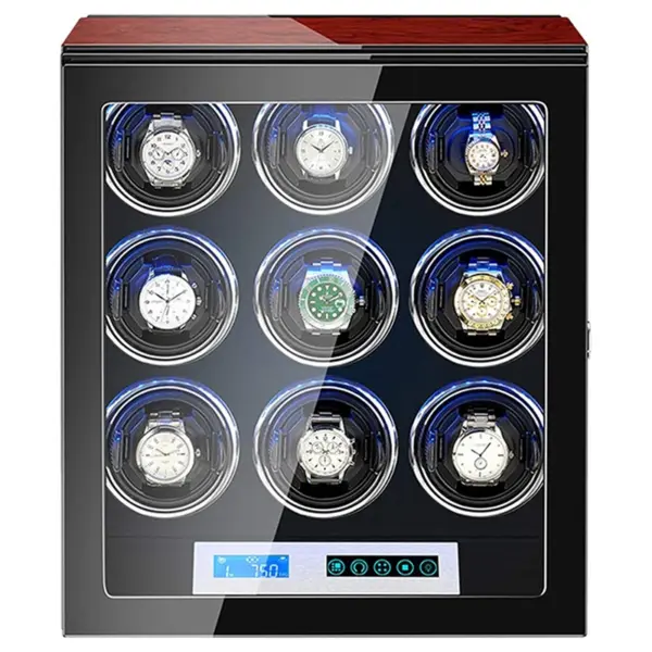 Dark Cherry Touch Screen LED Watch Winder for 9 Watches #1