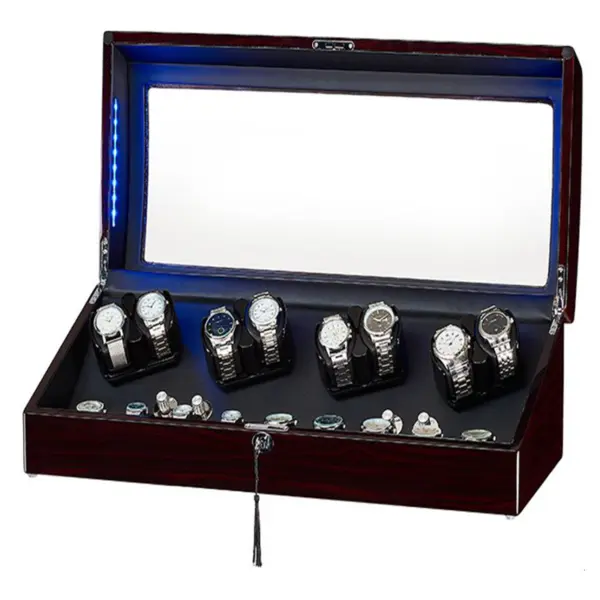 Dark Cherry Rectangle Watch Winder with Storage for 8 Watches #1