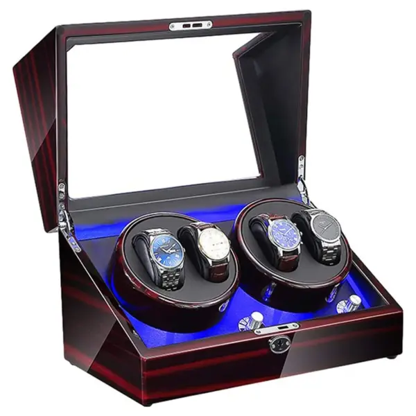 Glossy Dark Cherry Watch Winder with Storage and LED Lights for 4 Watches #1