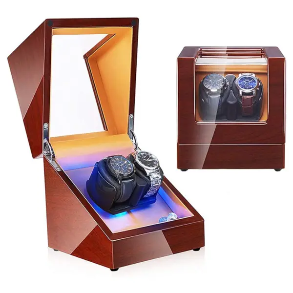 Glossy Brown Watch Winder for Two Watches with LED Lights #1