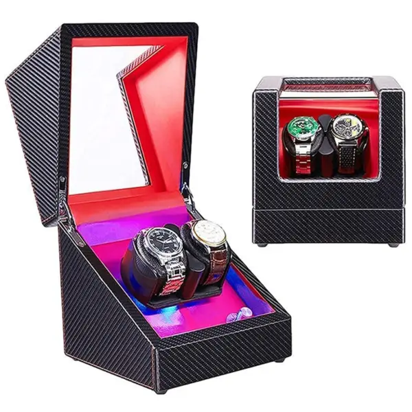 Carbon Fiber Watch Winder with Red Interior and LED Lights for 2 Watches #1