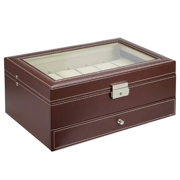 Brown & Beige Double Layer Combination Watch Sunglasses Box for 12 Watches #2