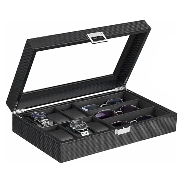 Black Carbon Fiber Combination Watch Sunglasses Box for 6 Watches #1