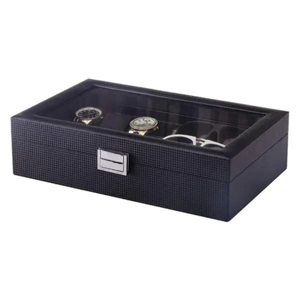 Black Carbon Fiber Combination Watch Sunglasses Box for 6 Watches #2