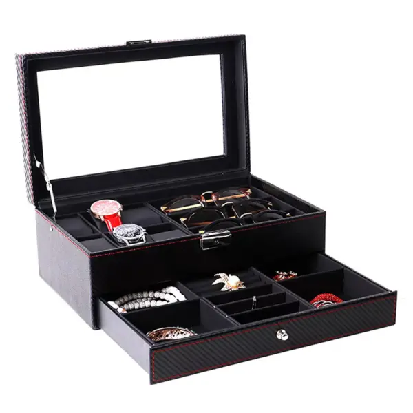 Double Layer Carbon Fiber Combination Watch, Sunglass & Jewelry Box #1