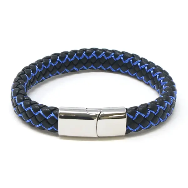bx14.1.5.ps Main Black Blue StrapsCo Plaited Two Tone Leather Bracelet with Silver Clasp