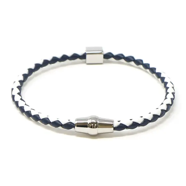 bx9.5.22.ps Main Dark Navy White Silver Clasp StrapsCo Thin Two Tone Braided Bracelet Wristband Bangle with Silver Clasp