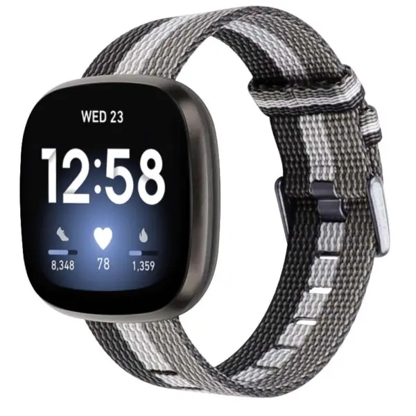 fb.ny19.1.22.7 Main Black White Grey StrapsCo Canvas Watch Band Strap with Polished Silver Buckle for Fitbit Versa 3 Fitbit Sense