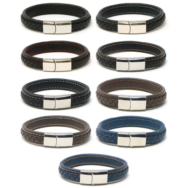 Bx1.ps All Color StrapsCo Black & Orange Braided Leather Bracelet With Silver Clasp