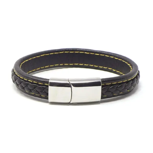 bx1.1.10.ps Main StrapsCo Black Yellow Braided Leather Bracelet with Silver Clasp
