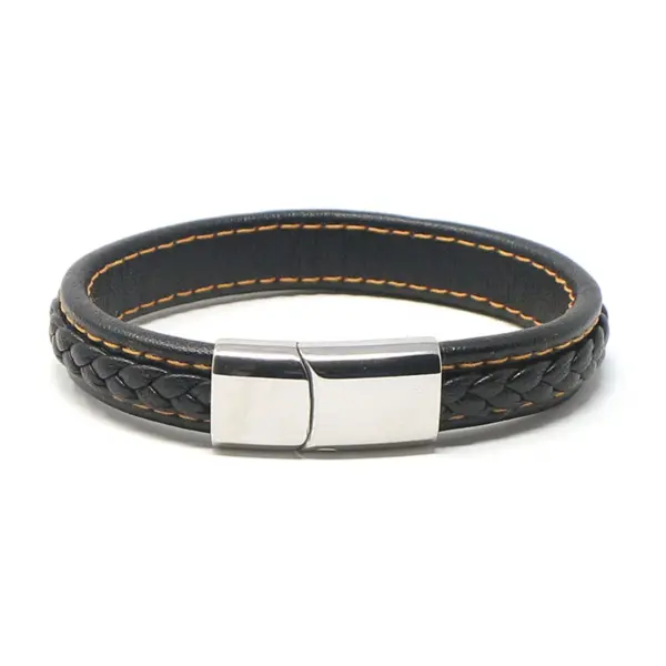 bx1.1.12.ps Main StrapsCo Black Orange Braided Leather Bracelet with Silver Clasp