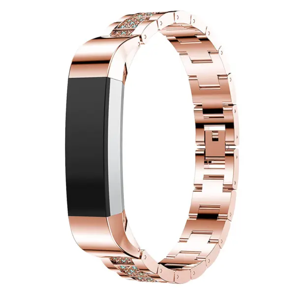 Fb.m59.rg.5 Front Fitbit Alta Stainless Bangle Bracelet W Blue Rhinestone In Rose Gold