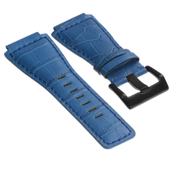 Br6.5.mb DASSARI Croc Embossed Leather Watch Strap For Bell & Ross In Blue With Matte Black Buckle