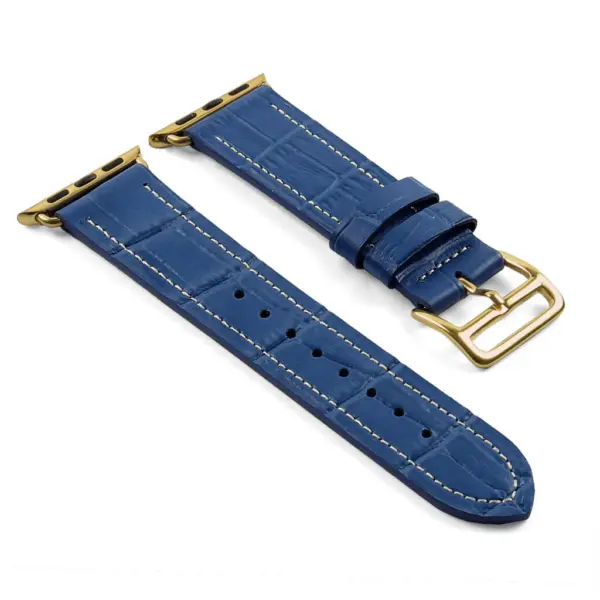 a.l10.5.yg DASSARI Croc Embossed Leather Strap for Apple in Blue w Yellow Gold Buckle