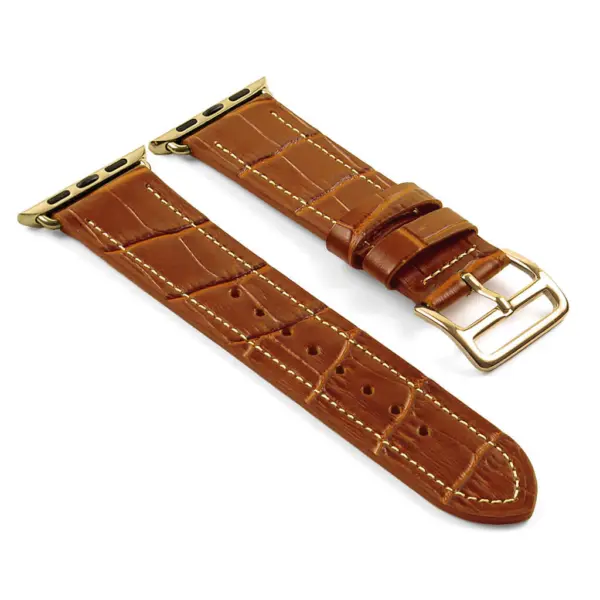 a.l10.3.yg DASSARI Croc Embossed Leather Strap for Apple in Tan w Yellow Gold Buckle