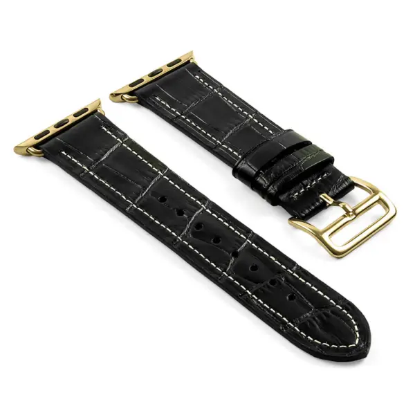 a.l10.1.yg DASSARI Croc Embossed Leather Strap for Apple in Black w Yellow Gold Buckle