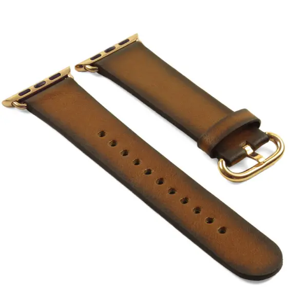 a.l4.3.yg DASSARI Vintage Leather Strap For Apple in Tan with Yellow Gold Buckle