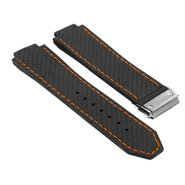 P623.1.12.bs DASSARI Carbon Fiber Band For Hublot Big Bang W Brushed Stainless Steel Buckle In Black W Orange Stitching