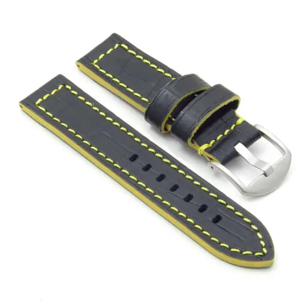 DASSARI Flash ds2.1.10 Thick Croc Embossed Leather Strap with Contrasting Colors in black w yellow stitching