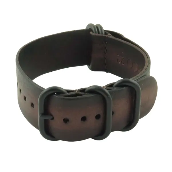 Distressed Leather Nato Strap In Dark Brown With Heavy Duty Matte Black Rings