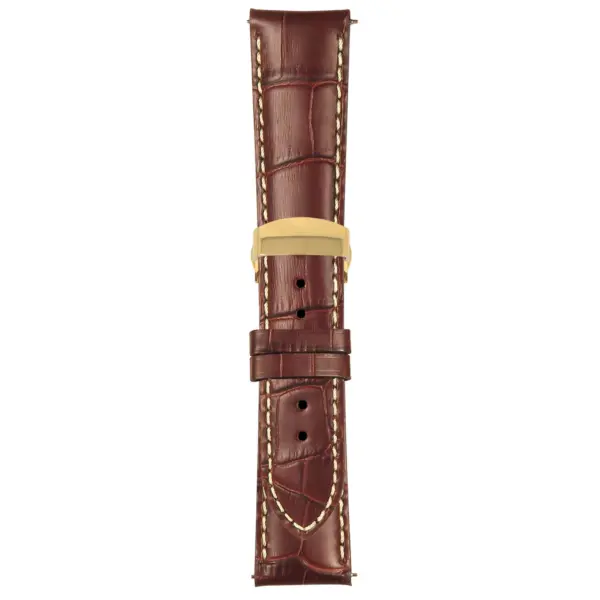 Brown and White Mens Crocodile Embossed Strap with Deployant Yellow Gold Clasp