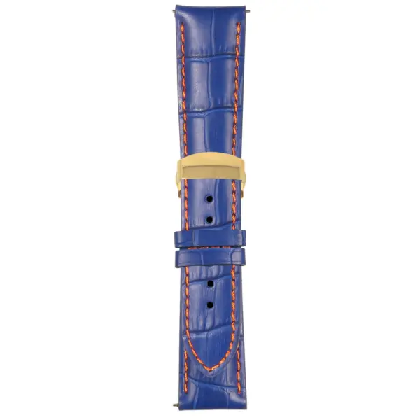 Blue and Orange Mens Crocodile Embossed Strap with Deployant Yellow Gold Clasp