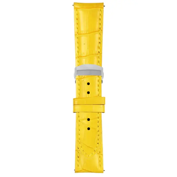 Yellow Mens Crocodile Embossed Strap with Deployant Polished Silver Clasp