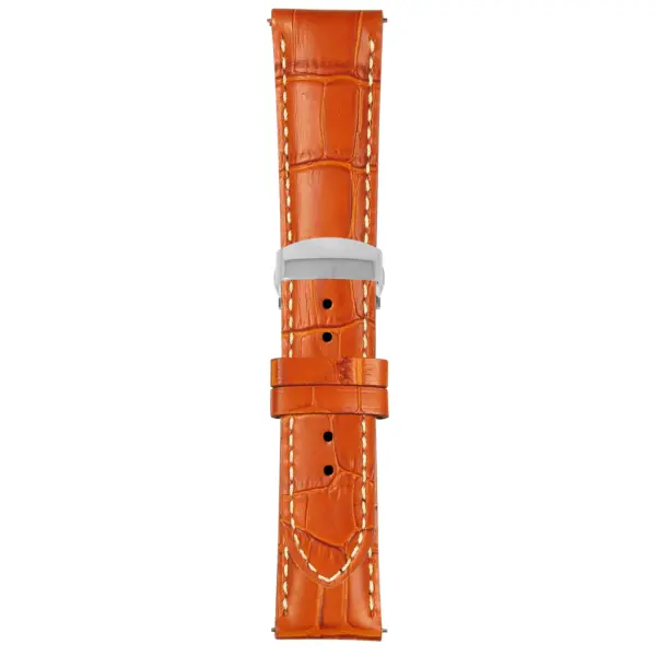 Tan and White Mens Crocodile Embossed Strap with Deployant Polished Silver Clasp