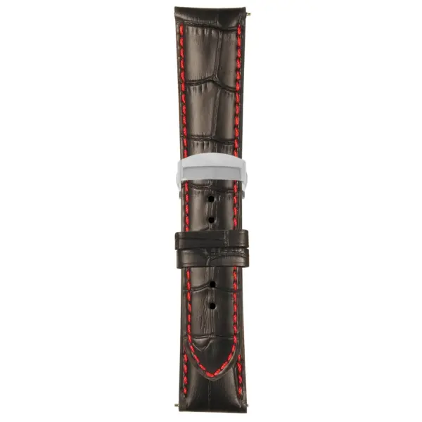 Black and Red Mens Crocodile Embossed Strap with Deployant Polished Silver Clasp