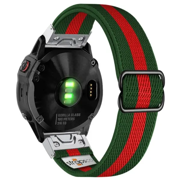 ny100.11.6.ss Back Green and Red StrapsCo Nylon Stretch Watch Band Strap For Garmin QuickFit Devices