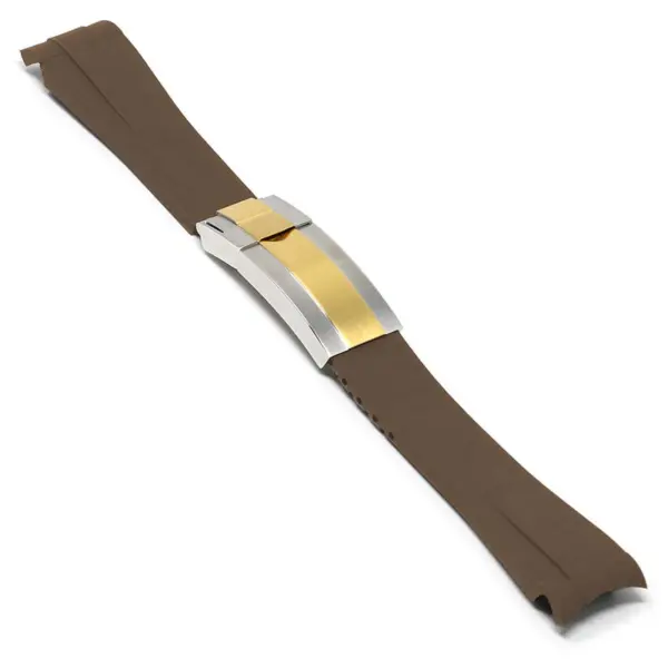 r.rx1 .2.ss .yg Main Brown Silver Yellow Gold Clasp StrapsCo Silicone Rubber Replacement Watch Band Strap For Rolex With Curved Ends