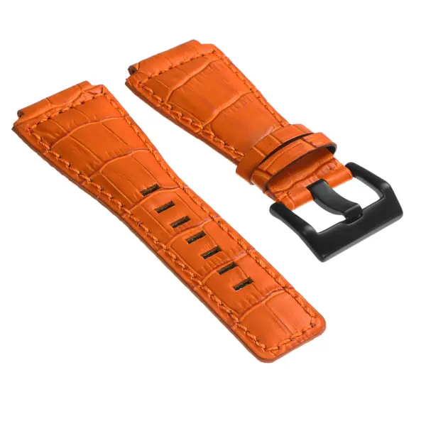 br6.12.mb DASSARI Croc Embossed Leather Watch Strap for Bell Ross in Orange with Matte Black Buckle 1